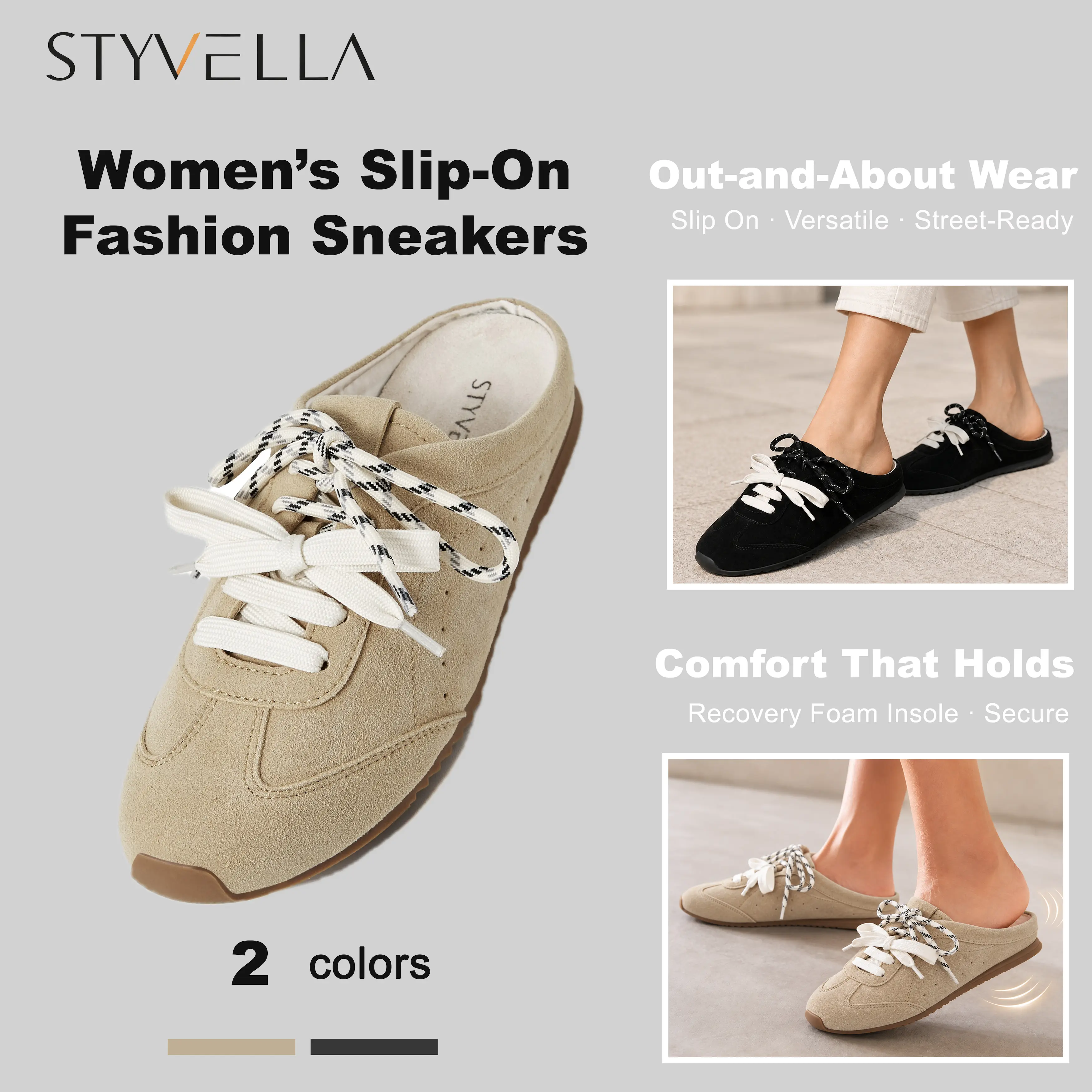 STYVELLA Women’s Fashion Sneaker, Slip On Lace-Up Mules, Memory Foam Insole, Casual Trainers with Fabric Upper, Slip-Resistant Sole, All Seasons Backless Shoes for Walking, Travel, Work and Casual Occasion