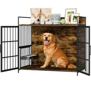 Warcat Furniture-Style Dog Crate with 360° & Adjustable Raised Feeder for Dogs 2 Stainless Steel Bowls, Indoor Use End Table House February Faves