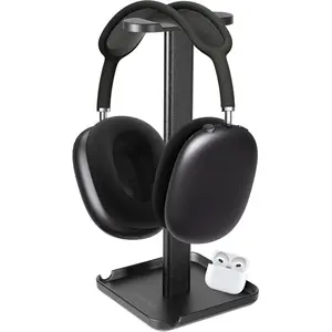 2-in-1 Aluminum Headphone Stand & Phone Holder Rack - Sleek, Sturdy & Ergonomic Design Gaming Headset Stand for Desk Organization - Gamer Gifts (Black)