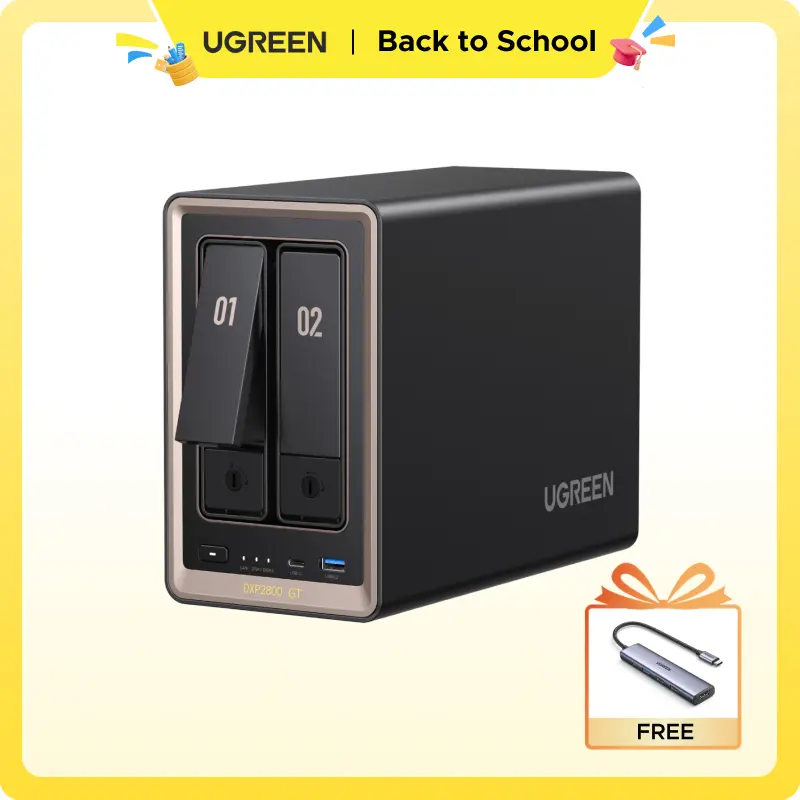 UGREEN NAS DXP2800 GT 2-Bay Desktop Network Attached Storage, AMD R2514 CPU, 8GB DDR4 RAM, 10GbE, 2X M.2 NVMe Slots, 4K HDMI, Ideal for Content Creators and Enthusiasts (Diskless),tiktokshopbacktoschool