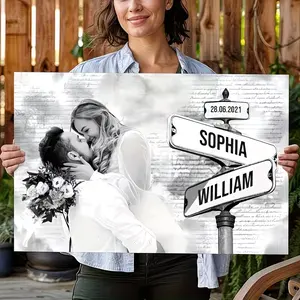 2D Flat, 1pc Framed Personalized Street Sign(with Custom Photo), Crossroad StreetSign Couple Name Street Sign Canvas Print Love Gift, Anniversary, BirthdayWedding Gift, Wedding Street Sign Canvas, Valentine's Day Gifts, Whimsical home decor,Wall art