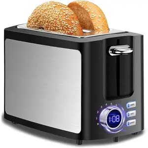 2 Slice Wide Slot Smart Toaster with LCD Digital Countdown Timer Bagel Defrost Cancel Reheat Function Stainless Steel Best Rated for Home Kitchen