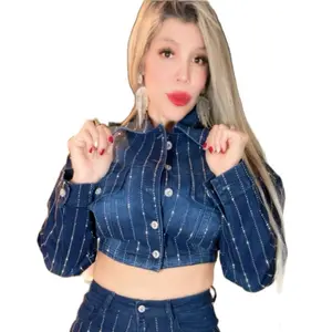Women Denim Two Piece Set – Crop Jacket & High Waist Wide Leg  Details