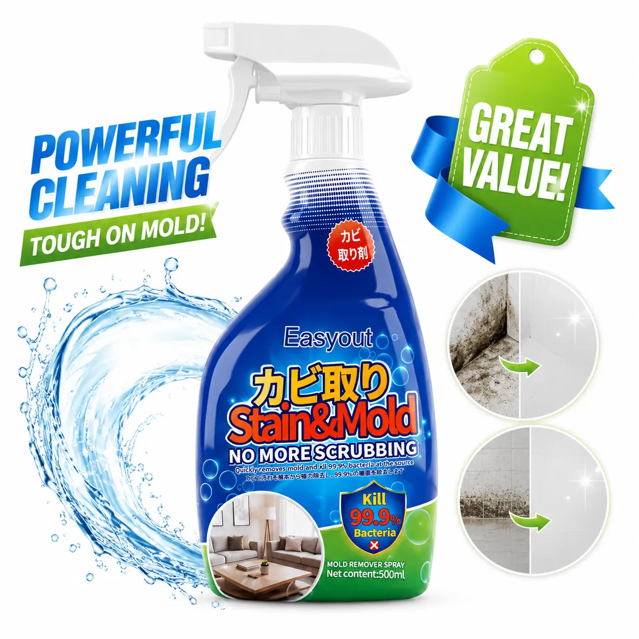 Easyout Mould Removal Spray - Fast-Acting Household Mold Killer, 500ml Home Cleaning Solution for Tiles, Walls, Grout with Long-Lasting Regrowth Protection