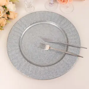 4-Pack Metal Charger Plates 13" Round Silver with Galvanized Ruffled Rim - Sleek Charger Tableware