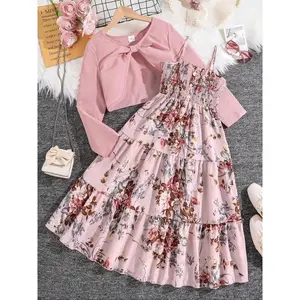 Two-Piece Set Girl's Floral Print Shirred Crop Top & A Line Dress Set, Elegant Fashion Casual Long Sleeve Top & Dress for Daily Outdoor Wear, Girls Clothing for Fall & Winter