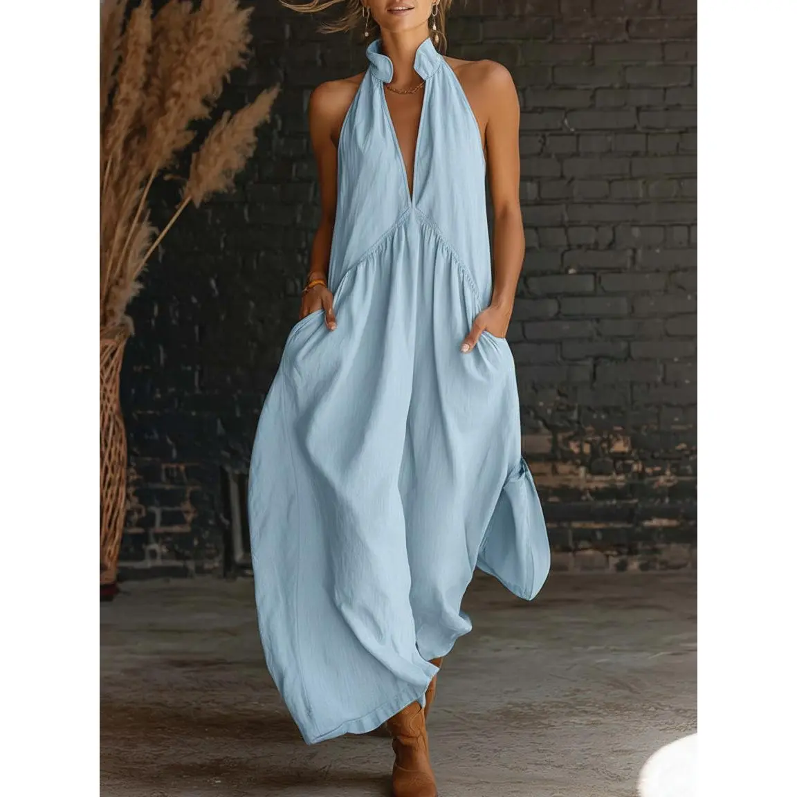 halter pocket dress Red Halter Midi Casual Summer Dress with Pockets Winterberry Red / XSmall main image 0