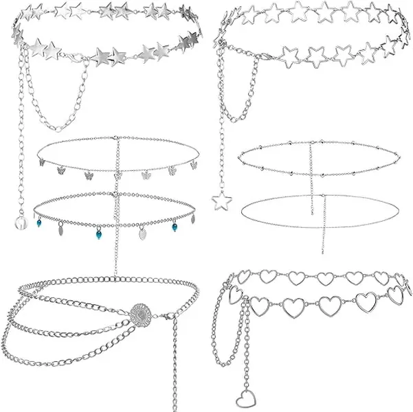 8 Pcs Waist Chain Belt Dress Belts Jeans Pants Pocket Waist Multi-Layer Hip Hop Y2k Multilayer Metal Wallet Chain