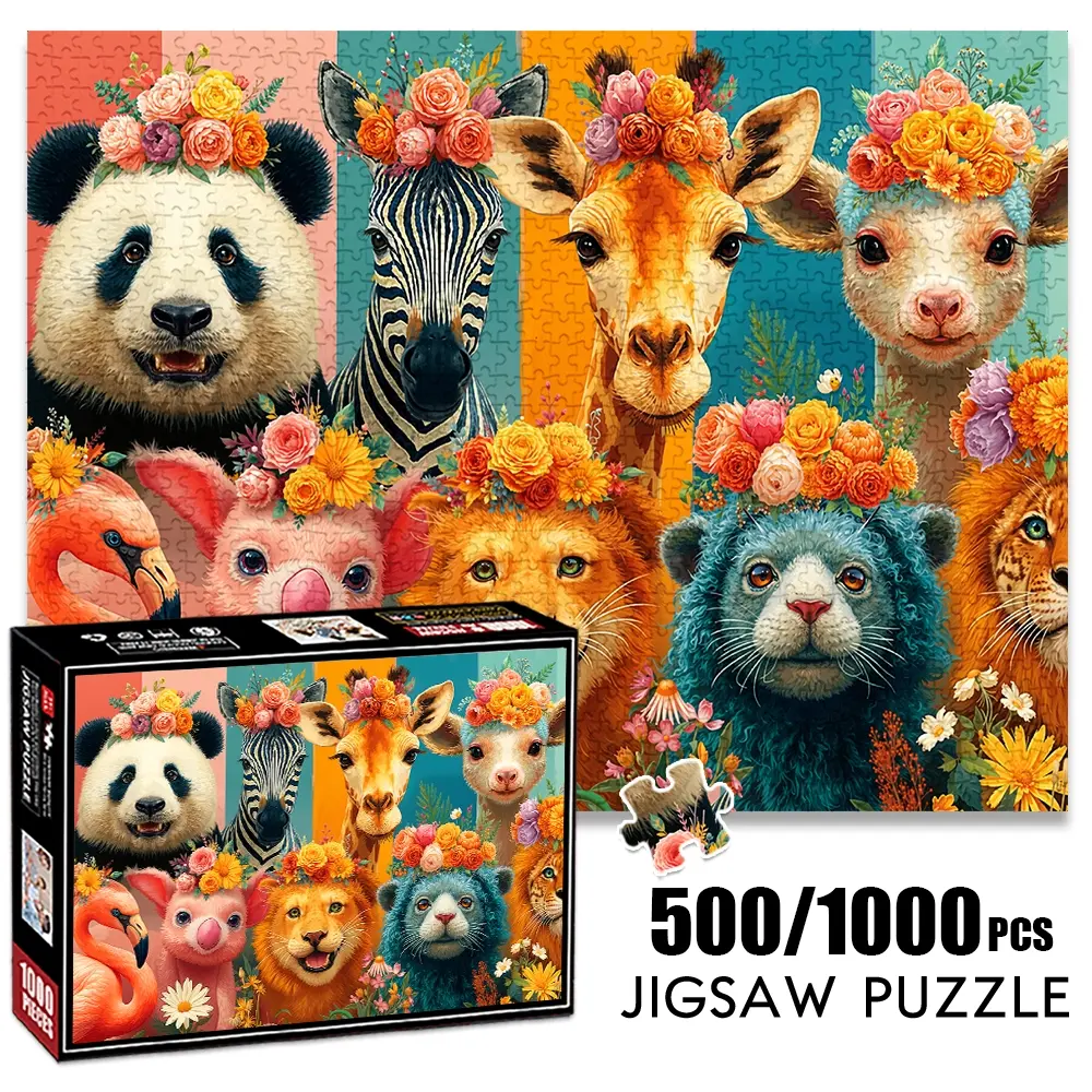1pc 1000 piece adult puzzle 70x50cm Flower - Crowned Animals: Panda, Zebra, Giraffe, Flamingo & More 500 pieces paper jigsaw puzzle suitable for DIY creative games for adults and families, birt
