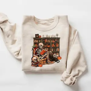 Skeleton Reading Book Sweatshirt, Skeleton Reading Hoodie, Book Lover Halloween Shirt, Halloween Shirt, Bookish Halloween Sweatshirt
