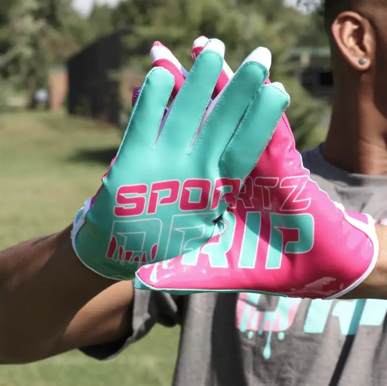 Sportiz Grip Football Receiver Gloves for Youth & Adults Teal/Pink Breathable Mesh Adjustable Cuff Sticky Grip Palm for Young Athletes Range Full