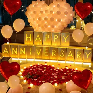 Happy Anniversary Light Up Letters Rose Petals LED Tea Lights Candles Latex Foil Balloons Paper Luminary Bags for Her Him Proposal Anniversary Valentines' Day Decorations