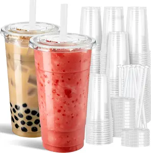 50 Sets 32 oz Clear Plastic Cups with Lids and Plastic Straws, BPA-Free To-Go Cups for Iced Coffee, Boba, Smoothies & Takeaway Drinks