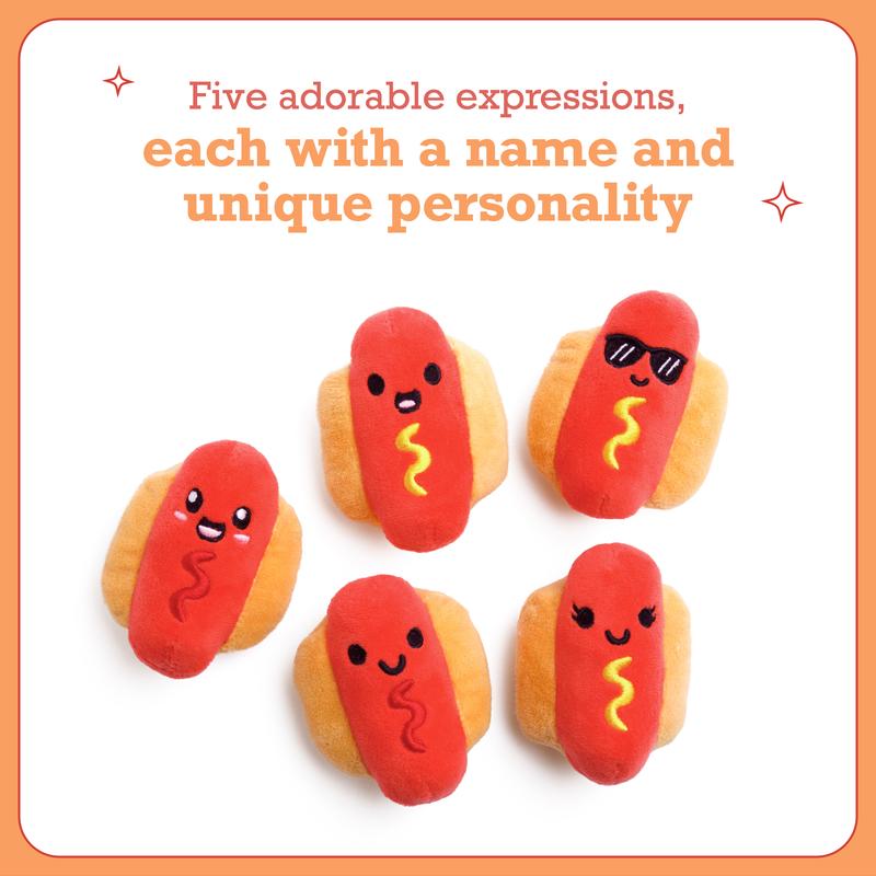Emotional Support Hot Dogs by Relatable – Funny Valentines Plush Toys for Friends, Cute Gift for Girlfriend or Him, Includes 5 Plushies with Basket
