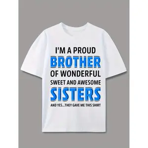 Men's Proud Sister and Brother' Graphic T-Shirt- Casual Short Sleeve Crew Neck Summer Top, Spring Outdoor Wear, Machine Washable Regular Fit, Bold Blue Letter Design, Breathable Comfortable Fabric