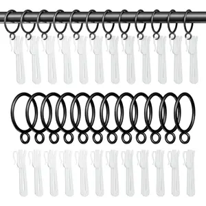 1.5 Inch Curtain Rings with Hooks, 24 Pack Black Metal Drapery Rings with Pins Fits Up to 1.25" Curtain Rods