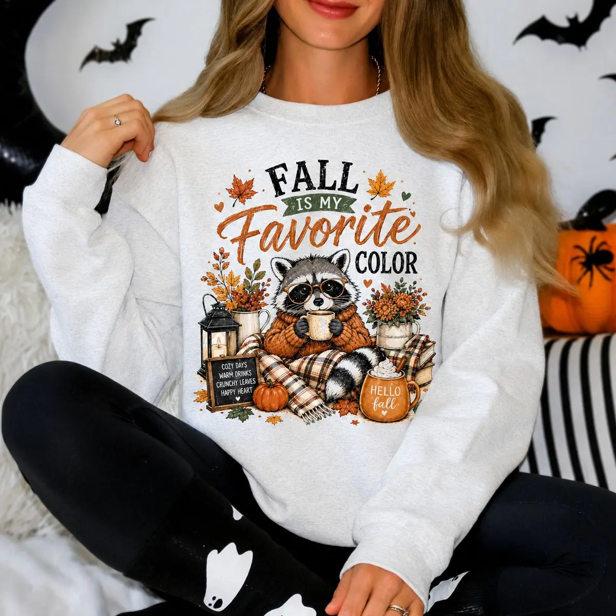 Raccoon Fall Is My Favorite Color Sweatshirt, Cute Halloween Fall Graphic Pullover Sweater For Women, Spooky Halloween Season, Unisex Long Sleeve Crewneck Shirt