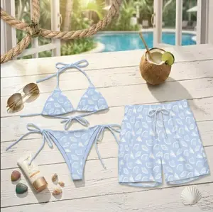 [Hot Summer 2026] - Couple Light Blue Seashell Bikini Set and Hawaiian Shorts, Soft Coastal Matching Beach Outfit