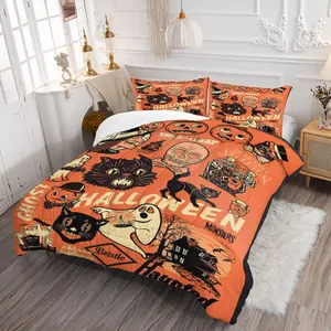 Skull Pumpkin Print Bedding Set, Includes 1 Quilt and 1/2 Pillowcases, Large Size Design, Halloween Themed Bedroom Decor