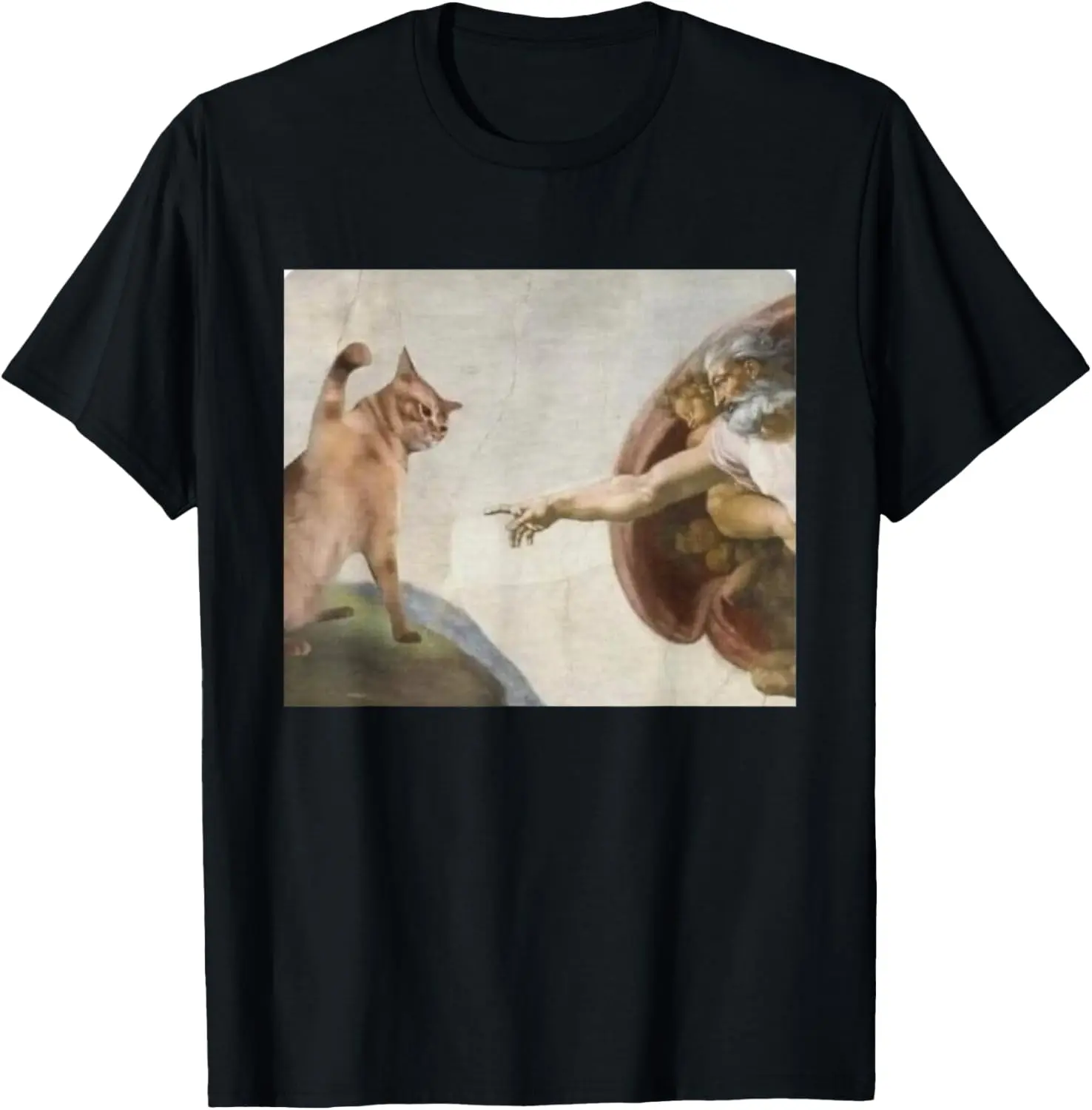 100% Cotton Funny Cat God Creation of Adam meme michelangelo jesus art T-Shirt