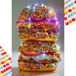 5D DIY Full Rhinestone Round Diamond Painting - Diamond Art Kit Sparkling Hamburger Mosaic, Canvas - DIY Wall Decor, Home Wall Art, Suitable for Halloween and Christmas, Birthday and Anniversary Gifts