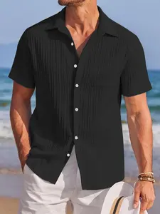 Men's Solid Color Short Sleeve Shirt, Casual Comfy Top for Beach Vacation, Men's Clothes for Summer
