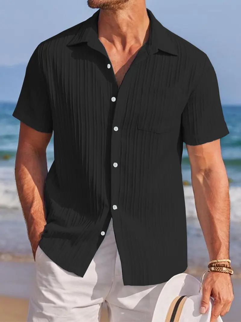 Men's Solid Color Short Sleeve Shirt, Casual Comfy Top for Beach Vacation, Men's Clothes for Summer