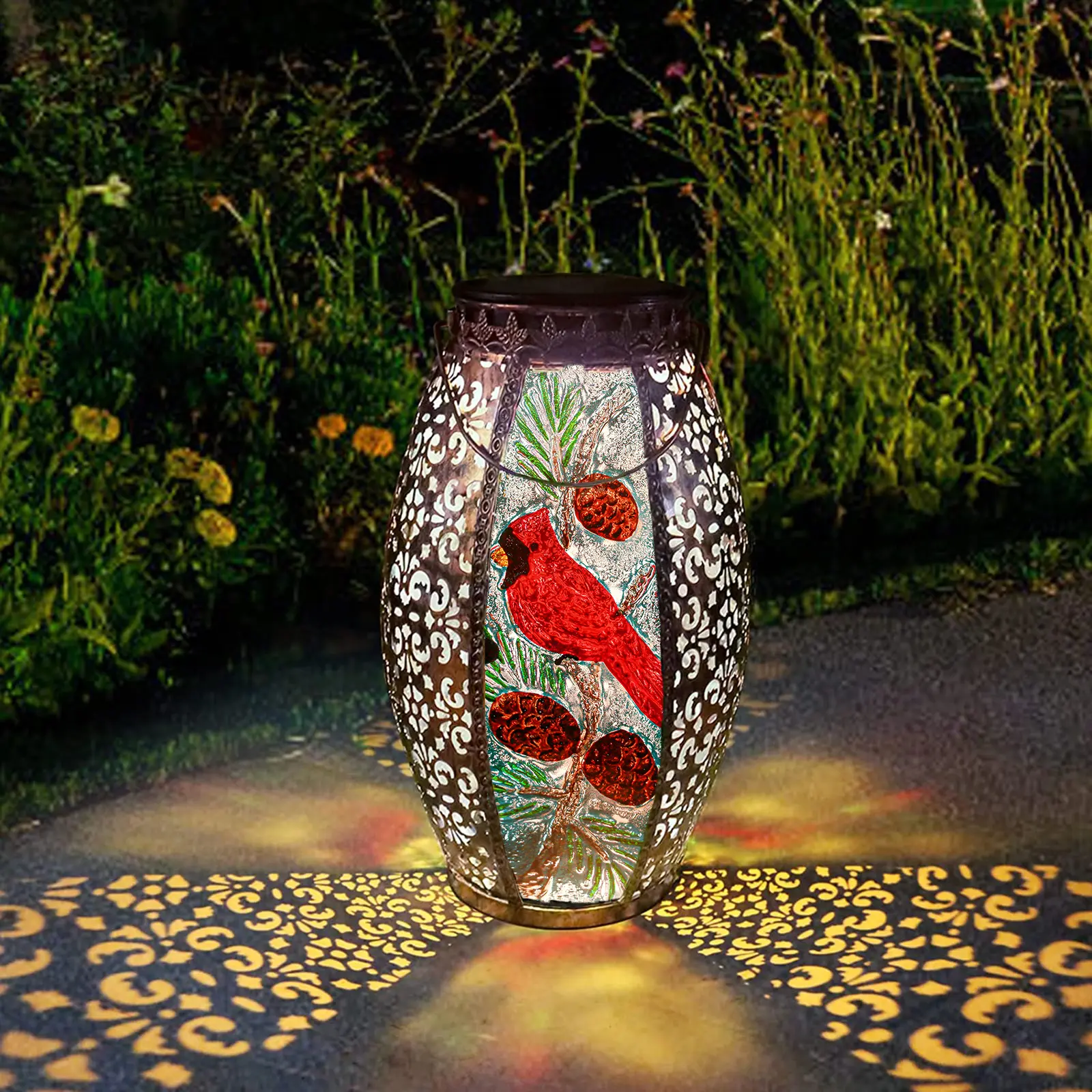 Cardinal Solar Hanging Lantern - Large Waterproof Metal Outdoor Light with Stained Glass, Solar Garden Decor for Patio, Memorial Gift for Women