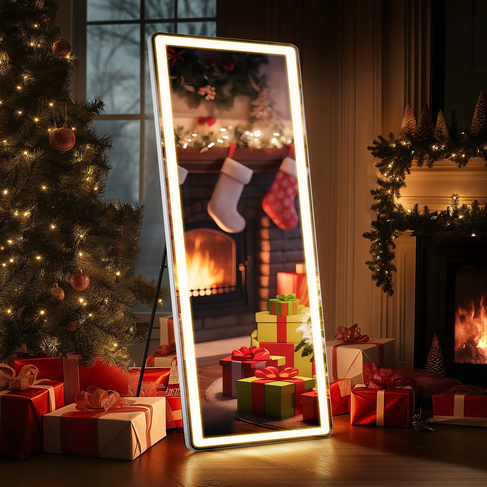 Floor Mirror Stand Mirror Full Length with LED Lights,Dimming & 3 Color Lighting, Aluminum Alloy Thin Frame for Bedroom, Dressing Room Decor
