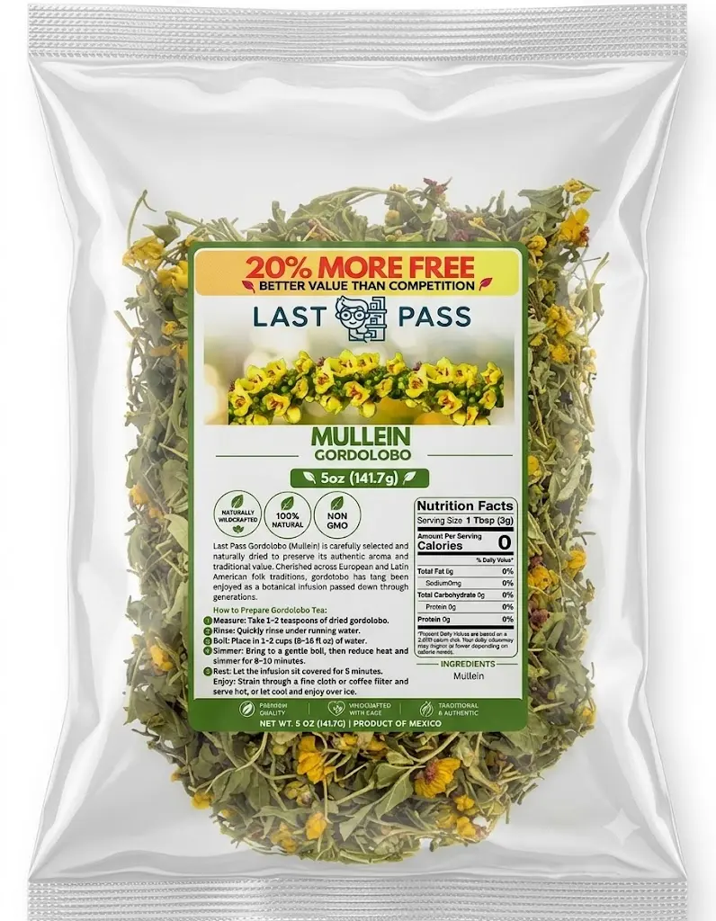 LAST PASS Gordolobo (Verbascum Thapsus) Mullein Leaf Herbal Tea - 4oz Dried Herb, Natural, Sugar-Free, Non-Caffeinated, Traditional Ready-to-Mix Beverage