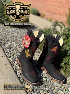 Ladies Cowgirl Square Toe Boots Butterfly Design / Botas para Dama / Mujer Estilo Rodeo Black Nobuck Leather