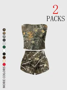 Women's 2-Piece Strapless Crop Top & Shorts Set, Womenswear featuring stretchy fabric with animal and camouflage prints, ideal for casual outings and loungewear, available in multiple colors and patterns.