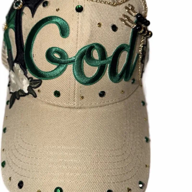 God Trucker Hat - Green & Cream Duo with Bling Details and Bold Style for Expressing Faith and Making a Statement