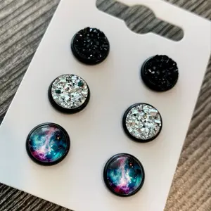 Galaxy Druzy Stud Earrings Set of 3 - 10mm Black Silver & Nebula Patterns Comfortable Lightweight Earrings with Soft Plastic Backs