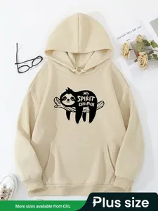 Plus Size Cartoon Sloth & Letter Print Drop Shoulder Hoodie, Fashion Casual Drawstring Pocket Hooded Sweatshirt for Daily Holiday Outdoor Wear