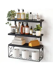 3 Tier Wall Mounted Bathroom Shelves, Rustic Wood Floating Shelves With Metal Frame  For Bathroom, Kitchen, Bedroom, Living Room, Home Decor, Bathroom Decor, Bathroom Organizer Summer Back To School