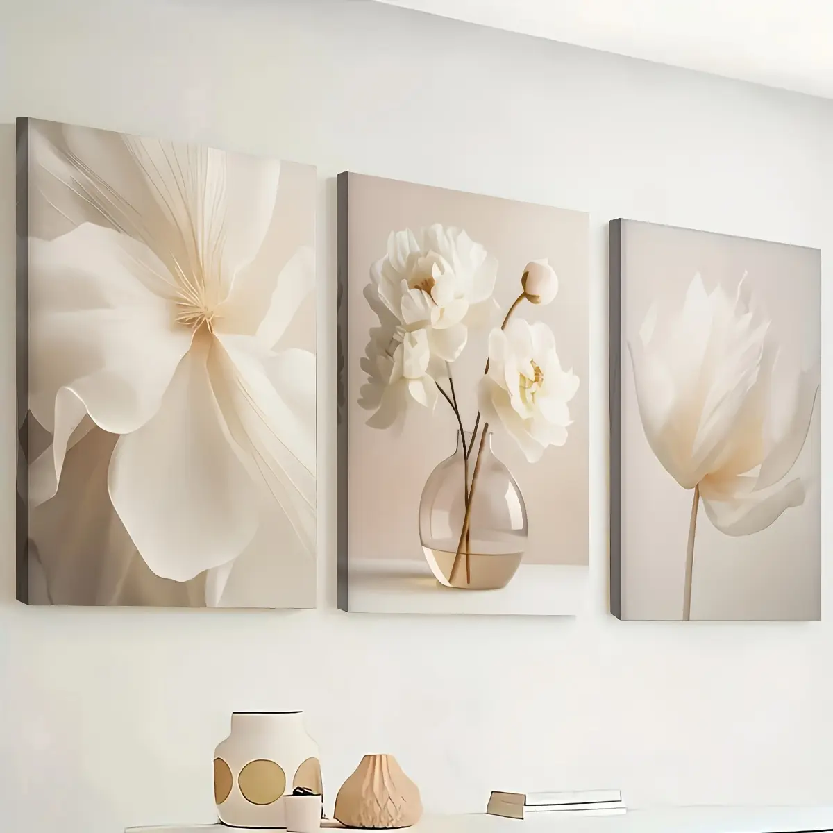 3pcs Modern 2D Canvas Wall Art Set - Artistic Flower Language Glossy Waterproof Photo Prints, Beige Pattern & Flowers Pre-Decorated Home Decor for Living Room, Bathroom, Water Proof
