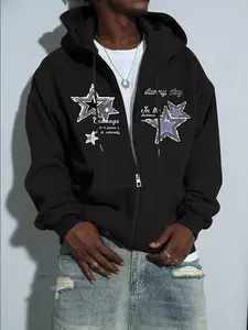 Spring/Autumn New Arrivals Men's Outerwear Trendy and Distinctive Star and Letter Print Zip-Up Hooded Regular Fit Oversized Casual Sports Sweatshirt Fitness Running Outdoor Camping Men's Sportswear