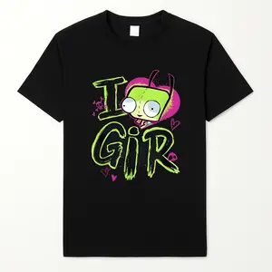 Invader Zim Valentine'S Day I Love Gir T-Shirt Unisex Cotton Casual Round Neck Outdoor Short Sleeve T-Shirt with Slight Stretch 100% Cotton Fabric Menswear Black Cartoon Printing Classic Fit