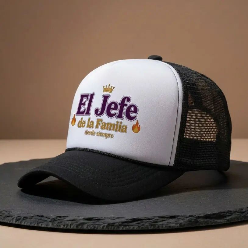 El Jefe de la Familia Trucker Hat, Unisex Funny Hat with Spanish Family Slogan, Adjustable Breathable Graphic Mesh Cap