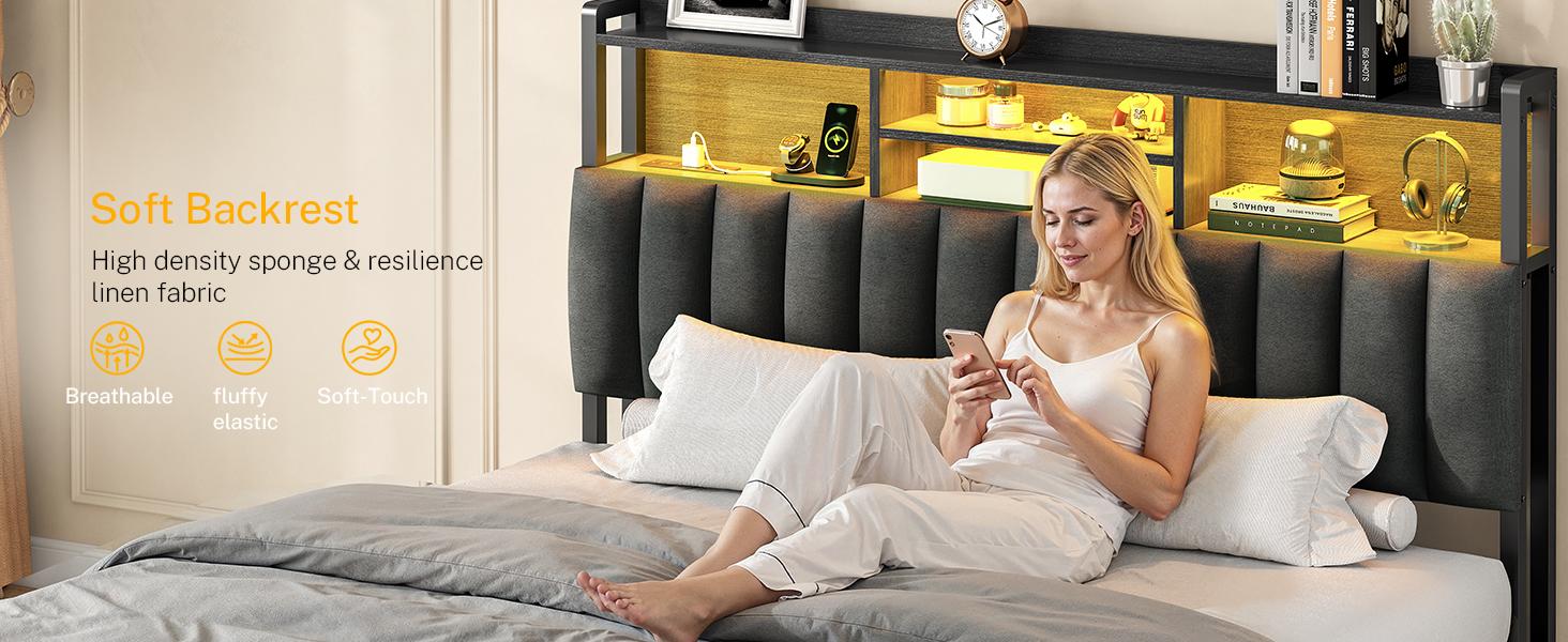 Queen Bed Frame with LED Lights & Charging Station, Metal Platform Bed Frame with 2 Tier Storage Headboard, Under Bed Storage, No Box Spring Needed, Outlet Mute Strips, Soft Backrest, Easy Assemble Queen Bed Frame with LED Lights & Charging Station, Metal Platform Bed Frame with 2 Tier Storage Headboard, Under Bed Storage, No Box Spring Needed, Outlet Mute Strips, Soft Backrest, Easy Assemble