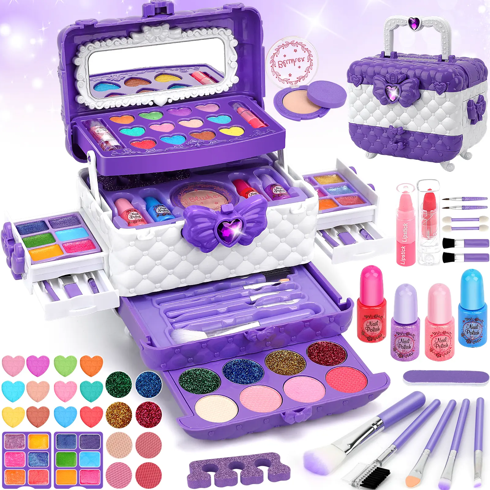 54 Pcs Makeup Set - Washable Makeup Toy for Girls and Children, kids stuff for girls, Kids toys, Suitable for Birthday Parties and Holiday Gifts for Girls Over 3 Years Old, kids christmas gifts (Purple)