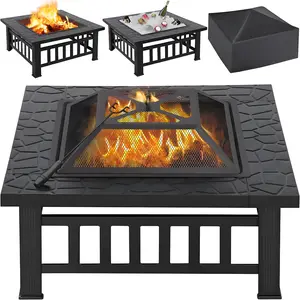 【Heavy Duty】Yaheetech  32‘’/34“Multifunctional Fire Pit Table Square Metal Fire Pit for Camping, Outdoor Heating, Bonfire & Picnic