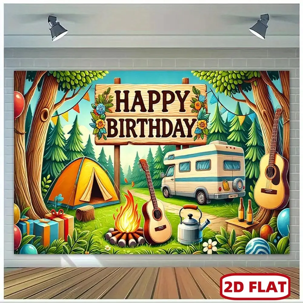 1pc 2D Flat Happy Birthday Camping Scene Backdrop Banner - Vibrant Polyester Tapestry with RV, Guitars, and Campfire - for Outdoor Parties, Photo Booths, Classroom & Office Decor