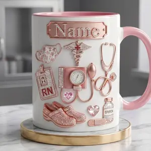 Personalized RN Life Mug 2D Printed 3D Effect Custom Name Coffee Cup Medical Design for Nurses Healthcare Workers, Nurse Appreciation Graduation Birthday Gift Idea Coffee mugs, ceramic mugs, printed mugs, gift mugs, everyday mugs