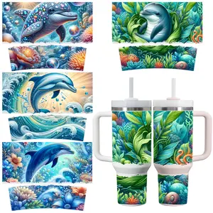4 Sheets Dolphin Ocean Waves Coral Reef Sea Life UV DTF Stickers for 40oz Tumblers Waterproof DIY Decals Coffee Mug Decoration side  eyes  sticker