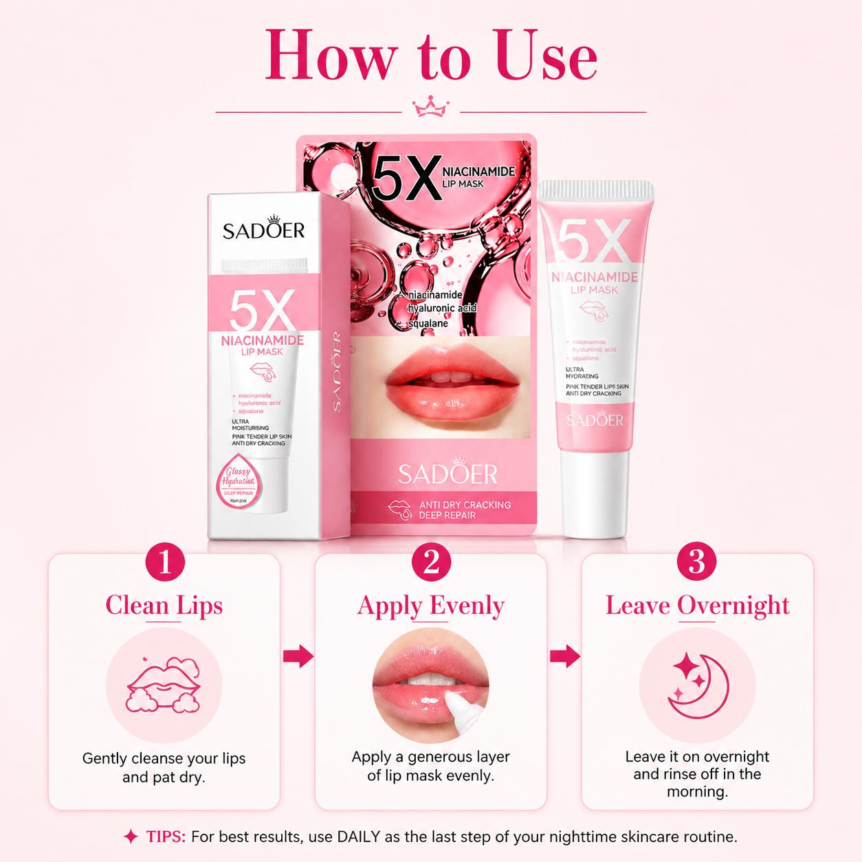 5X Niacinamide Lip Mask Hydrating & Anti Dryness Lip Care Hyaluronic Moisture Daily Gentle Hyaluronic Acid Hydrate Smooth