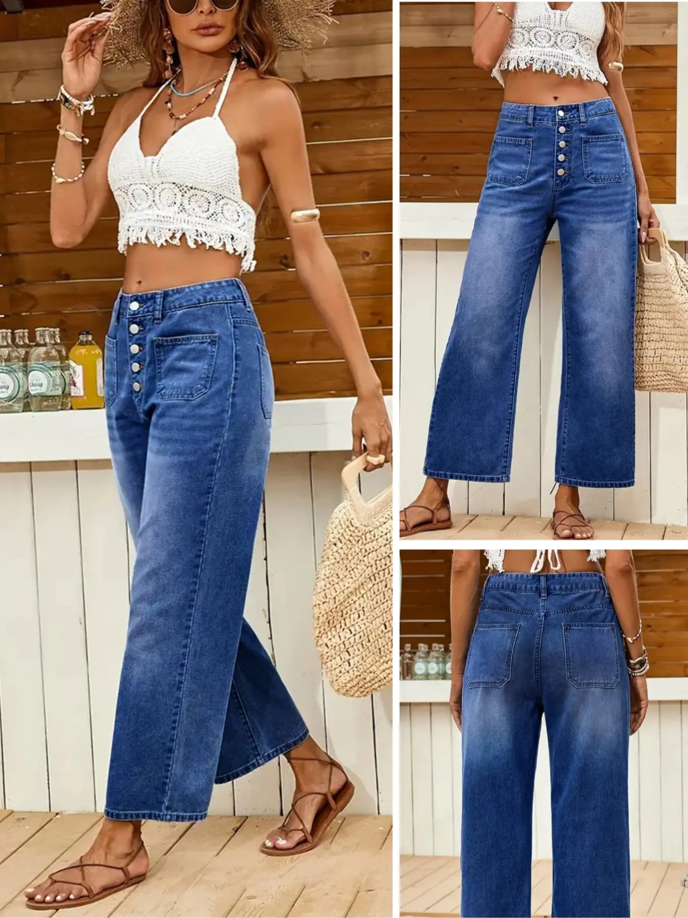 Women's Denim Jeans, Loose Casual Fit Multi-Buckle Button Mid-Thigh Jeans, Comfortable Stretch Elastic Wide-Leg Daily Wear Pants Womenswear