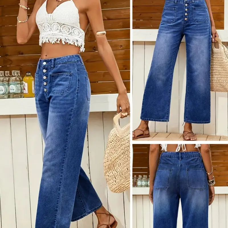 Women's, Loose Casual Fit Basic Multi-Buckle Button Mid-Thigh Stretchy Denim Jeans, Comfortable Stretch Elastic Wide-Leg Daily Wear Pants Womenswear