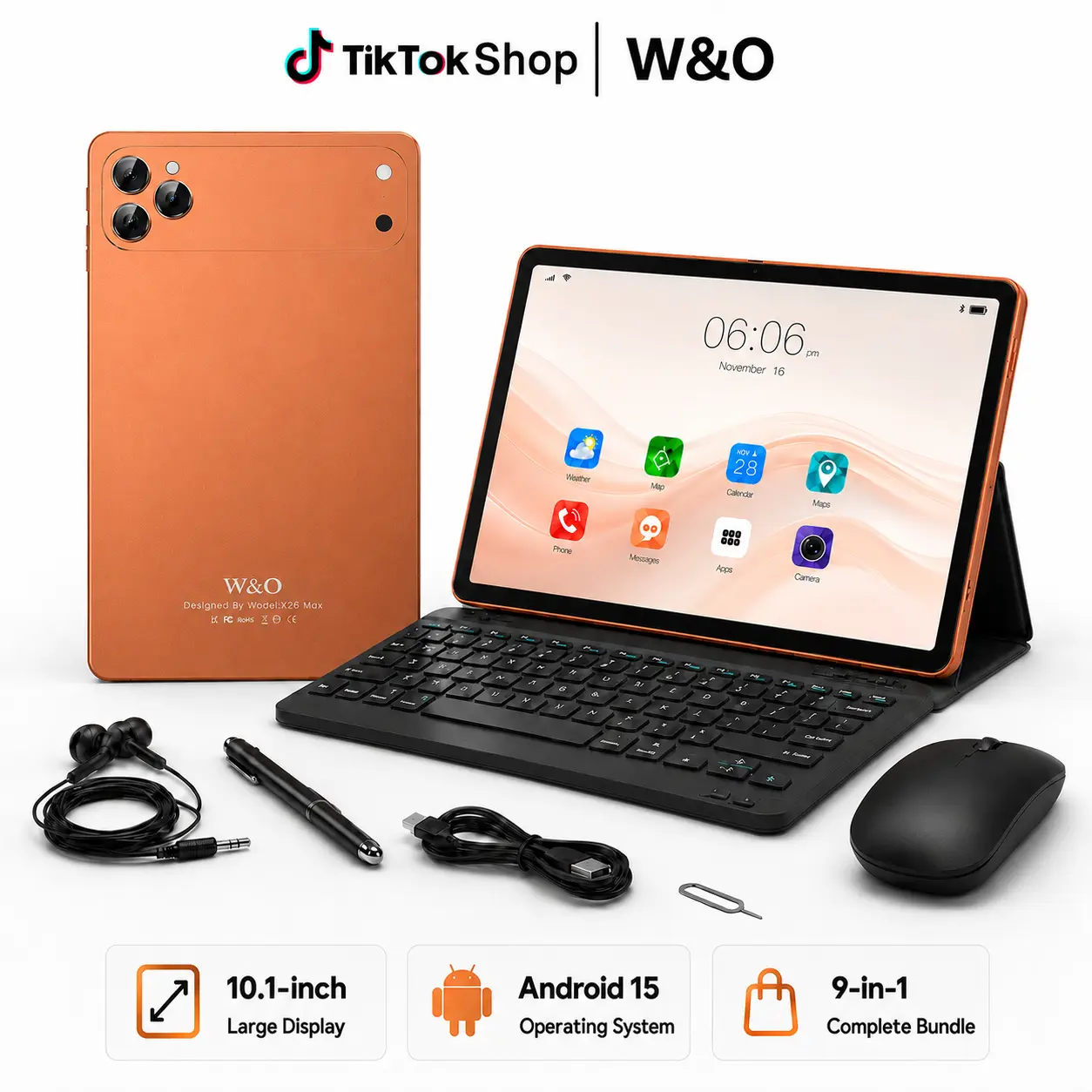 W&O 2026 Android 15 11-in Tablet (12GB RAM+256GB Expandable Storage, 10000mAh Battery) with 5G WiFi, USB, Bluetooth, Handheld Design, SIM Card Slot, Keyboard, Mouse, Case, Stylus, Dual Camera - Back to School, Work Bundle